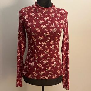 FOREVER 21 Burgundy Floral Mock Neck Sheer Long Sleeve Top size S